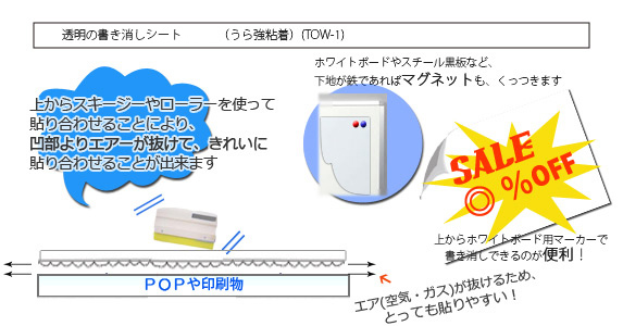 透明のホワイトボードシート（うら強粘着）(TOW-1(切))【900mm×1m切】