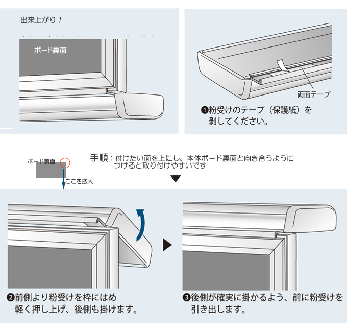 壁に馴染むホワイト枠ホーローホワイトボード粉受けも簡単に取り付けることができます