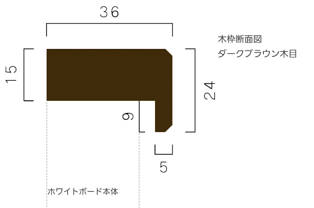 ダークブラウン木目枠ホーローホワイトボード製品断面画像上部