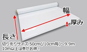 幅、長さ、厚み等サイズ詳細です。切り売りサイズは1mから9mの1m毎になります。10mまとめて買えばとってもお得です