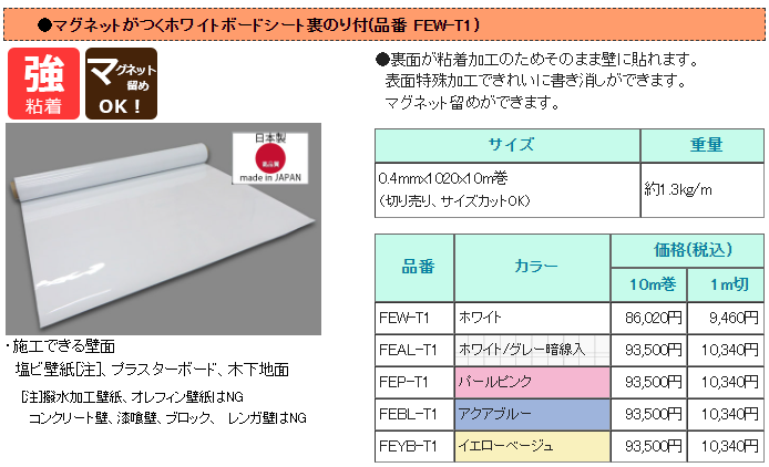 マグネットがつくホワイトボードシート