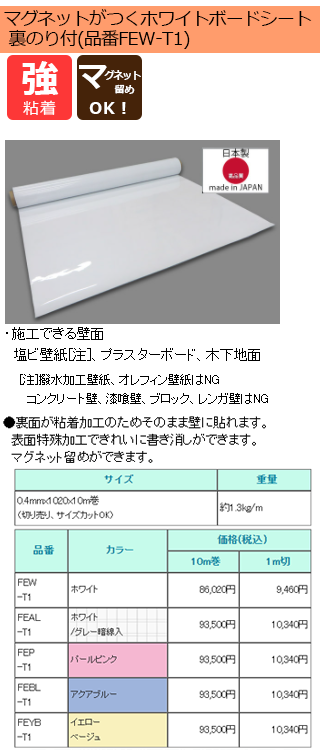 マグネットがつくホワイトボードシート