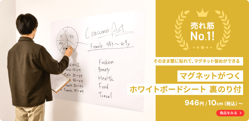 そのまま壁に貼れて、マグネット留めができる マグネットがつく ホワイトボードシート 裏のり付