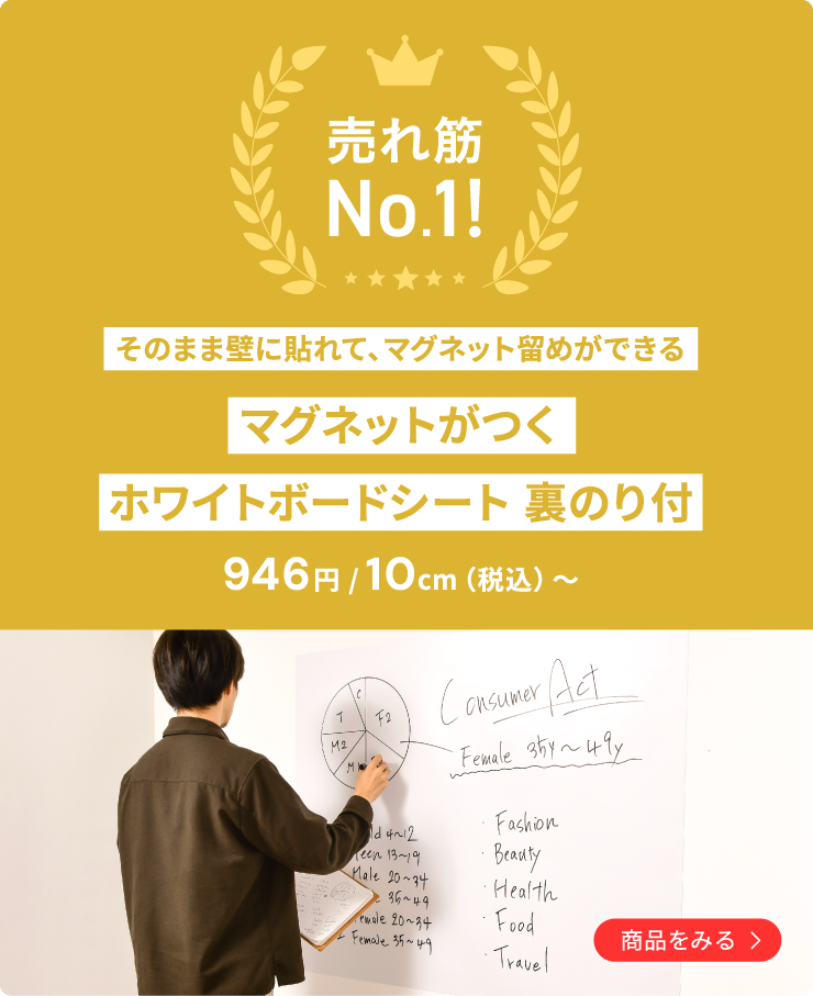 そのまま壁に貼れて、マグネット留めができる マグネットがつく ホワイトボードシート 裏のり付