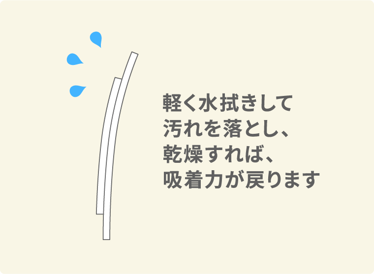軽く水拭きして汚れを落とし、乾燥すれば吸着力が戻ります