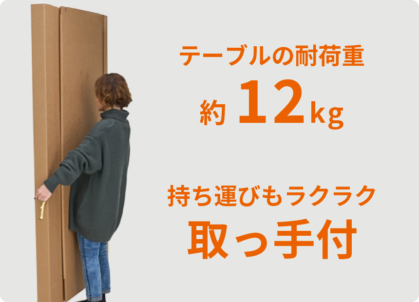 テーブルの耐荷重約12kg、取っ手付き